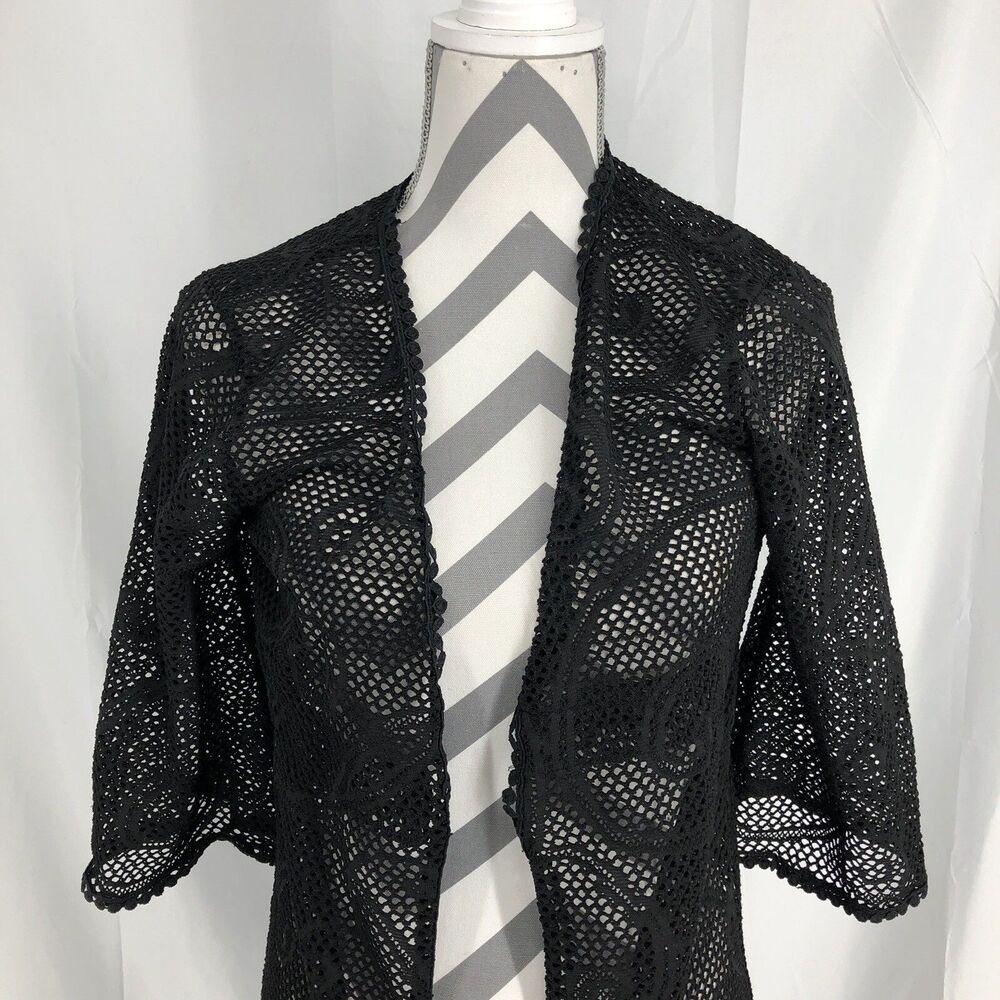 Blue Island Black Mesh 3/4 Sleeve Swimsuit Cover Up Open Duster Small